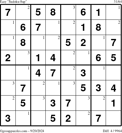 The grouppuzzles.com Easy Sudoku-8up puzzle for Friday September 20, 2024 with the first 3 steps marked