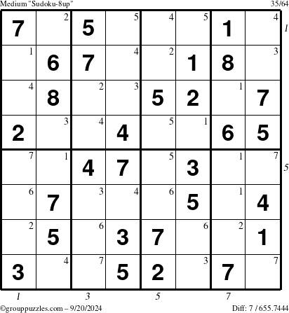 The grouppuzzles.com Medium Sudoku-8up puzzle for Friday September 20, 2024 with all 7 steps marked