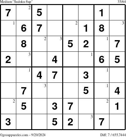 The grouppuzzles.com Medium Sudoku-8up puzzle for Friday September 20, 2024 with the first 3 steps marked