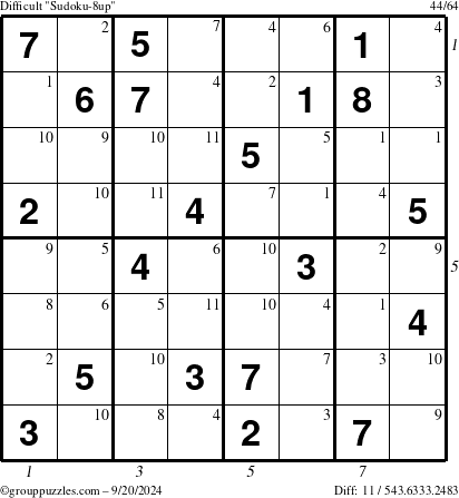 The grouppuzzles.com Difficult Sudoku-8up puzzle for Friday September 20, 2024 with all 11 steps marked