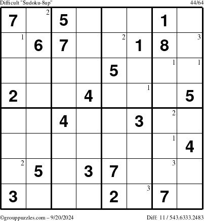 The grouppuzzles.com Difficult Sudoku-8up puzzle for Friday September 20, 2024 with the first 3 steps marked