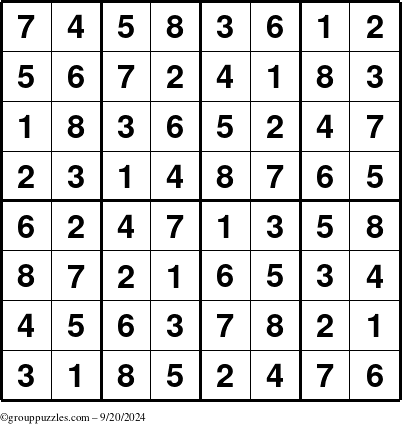 The grouppuzzles.com Answer grid for the Sudoku-8up puzzle for Friday September 20, 2024