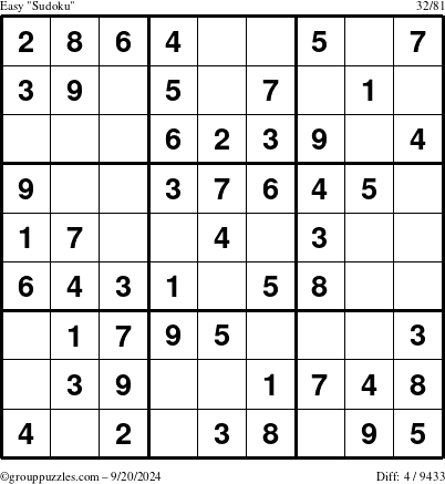 The grouppuzzles.com Easy Sudoku puzzle for Friday September 20, 2024