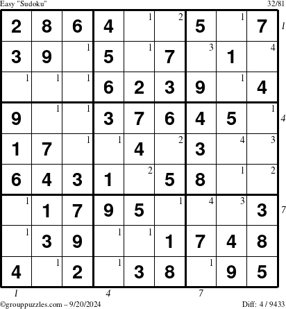 The grouppuzzles.com Easy Sudoku puzzle for Friday September 20, 2024 with all 4 steps marked