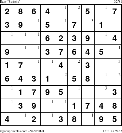 The grouppuzzles.com Easy Sudoku puzzle for Friday September 20, 2024 with the first 3 steps marked