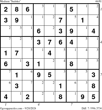 The grouppuzzles.com Medium Sudoku puzzle for Friday September 20, 2024 with all 7 steps marked