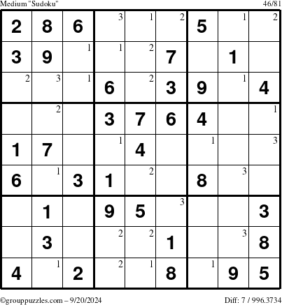 The grouppuzzles.com Medium Sudoku puzzle for Friday September 20, 2024 with the first 3 steps marked