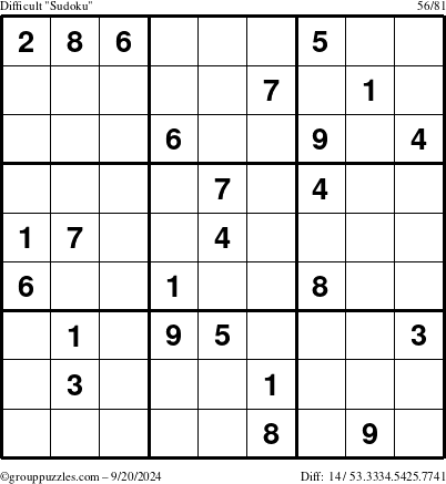 The grouppuzzles.com Difficult Sudoku puzzle for Friday September 20, 2024