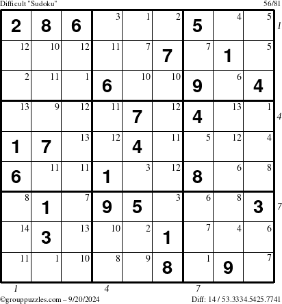 The grouppuzzles.com Difficult Sudoku puzzle for Friday September 20, 2024, suitable for printing, with all 14 steps marked