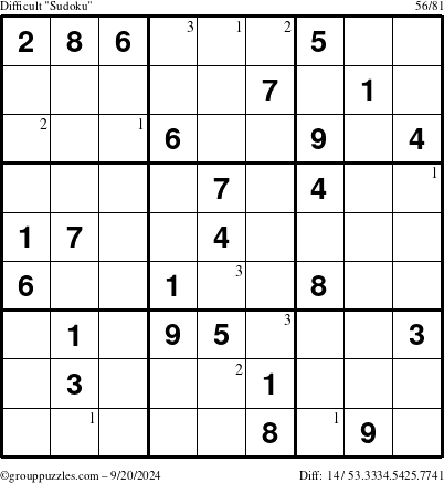 The grouppuzzles.com Difficult Sudoku puzzle for Friday September 20, 2024 with the first 3 steps marked