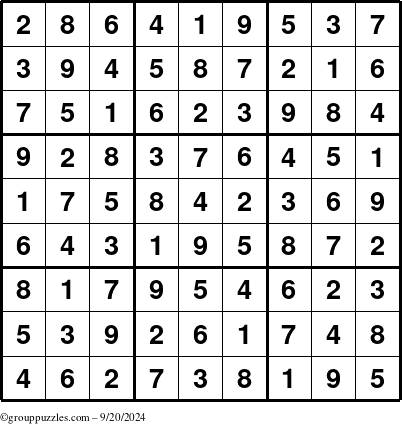 The grouppuzzles.com Answer grid for the Sudoku puzzle for Friday September 20, 2024