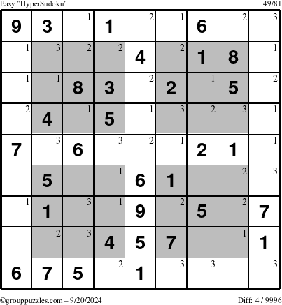 The grouppuzzles.com Easy HyperSudoku puzzle for Friday September 20, 2024 with the first 3 steps marked