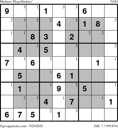 The grouppuzzles.com Medium HyperSudoku puzzle for Friday September 20, 2024 with the first 3 steps marked