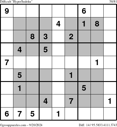 The grouppuzzles.com Difficult HyperSudoku puzzle for Friday September 20, 2024