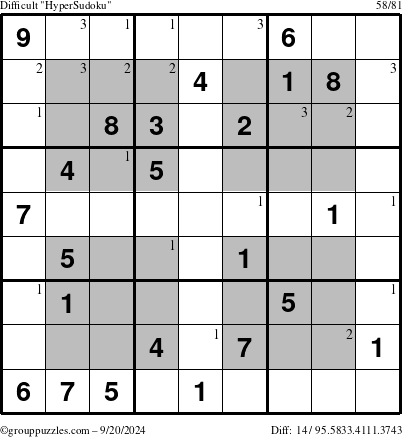 The grouppuzzles.com Difficult HyperSudoku puzzle for Friday September 20, 2024 with the first 3 steps marked