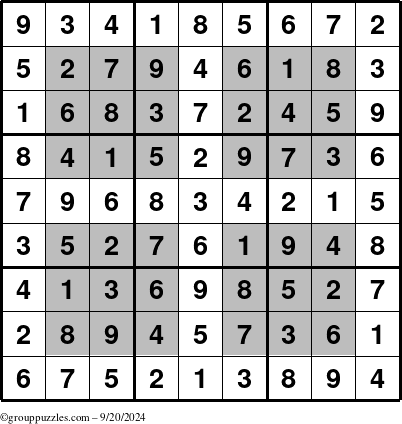 The grouppuzzles.com Answer grid for the HyperSudoku puzzle for Friday September 20, 2024