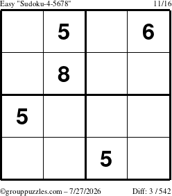 The grouppuzzles.com Easy Sudoku-4-5678 puzzle for Monday July 27, 2026