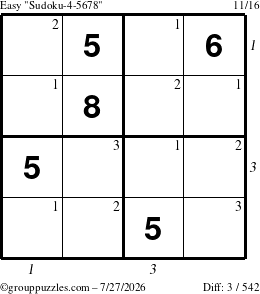 The grouppuzzles.com Easy Sudoku-4-5678 puzzle for Monday July 27, 2026 with all 3 steps marked