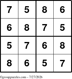 The grouppuzzles.com Answer grid for the Sudoku-4-5678 puzzle for Monday July 27, 2026