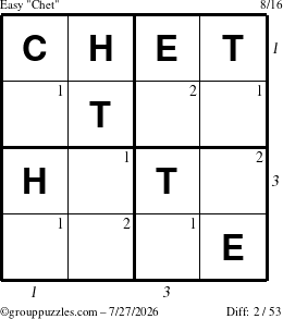 The grouppuzzles.com Easy Chet puzzle for Monday July 27, 2026, suitable for printing, with all 2 steps marked