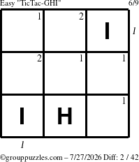 The grouppuzzles.com Easy TicTac-GHI puzzle for Monday July 27, 2026 with all 2 steps marked