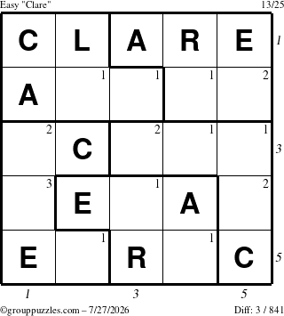The grouppuzzles.com Easy Clare puzzle for Monday July 27, 2026, suitable for printing, with all 3 steps marked