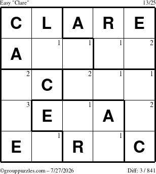 The grouppuzzles.com Easy Clare puzzle for Monday July 27, 2026 with the first 3 steps marked