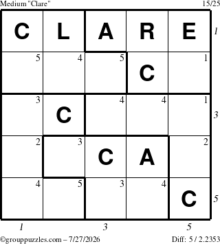 The grouppuzzles.com Medium Clare puzzle for Monday July 27, 2026, suitable for printing, with all 5 steps marked