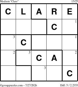 The grouppuzzles.com Medium Clare puzzle for Monday July 27, 2026 with the first 3 steps marked