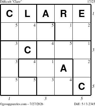 The grouppuzzles.com Difficult Clare puzzle for Monday July 27, 2026 with all 5 steps marked