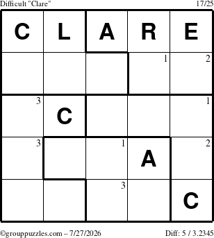 The grouppuzzles.com Difficult Clare puzzle for Monday July 27, 2026 with the first 3 steps marked