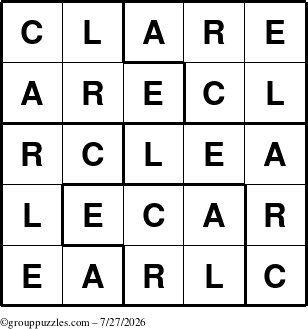 The grouppuzzles.com Answer grid for the Clare puzzle for Monday July 27, 2026