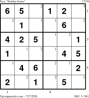 The grouppuzzles.com Easy Sudoku-Junior puzzle for Monday July 27, 2026, suitable for printing, with all 3 steps marked