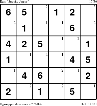 The grouppuzzles.com Easy Sudoku-Junior puzzle for Monday July 27, 2026 with the first 3 steps marked
