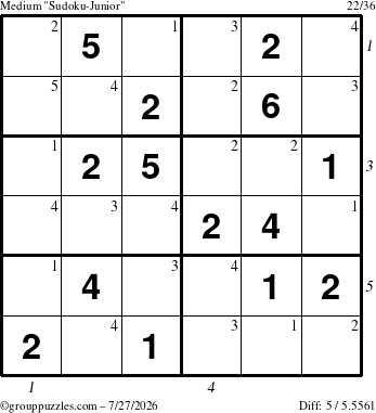 The grouppuzzles.com Medium Sudoku-Junior puzzle for Monday July 27, 2026, suitable for printing, with all 5 steps marked