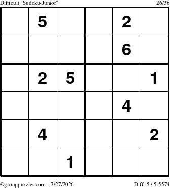 The grouppuzzles.com Difficult Sudoku-Junior puzzle for Monday July 27, 2026