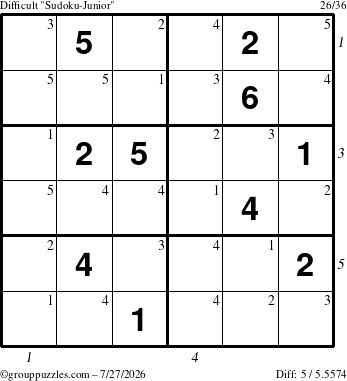 The grouppuzzles.com Difficult Sudoku-Junior puzzle for Monday July 27, 2026, suitable for printing, with all 5 steps marked