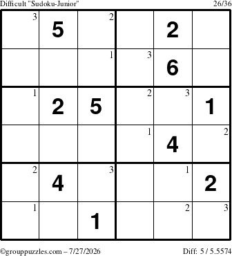 The grouppuzzles.com Difficult Sudoku-Junior puzzle for Monday July 27, 2026 with the first 3 steps marked