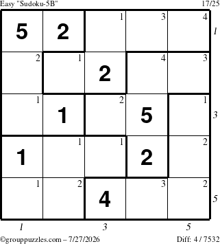 The grouppuzzles.com Easy Sudoku-5B puzzle for Monday July 27, 2026, suitable for printing, with all 4 steps marked