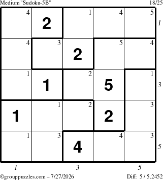 The grouppuzzles.com Medium Sudoku-5B puzzle for Monday July 27, 2026 with all 5 steps marked