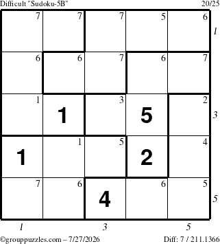 The grouppuzzles.com Difficult Sudoku-5B puzzle for Monday July 27, 2026, suitable for printing, with all 7 steps marked