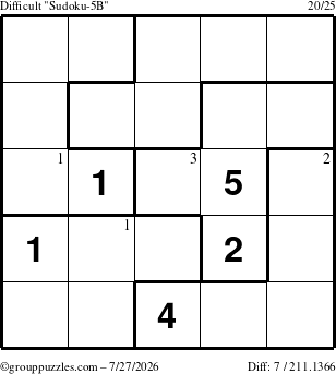 The grouppuzzles.com Difficult Sudoku-5B puzzle for Monday July 27, 2026 with the first 3 steps marked