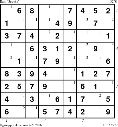 The grouppuzzles.com Easy Sudoku puzzle for Monday July 27, 2026 with all 3 steps marked