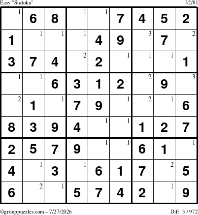 The grouppuzzles.com Easy Sudoku puzzle for Monday July 27, 2026 with the first 3 steps marked