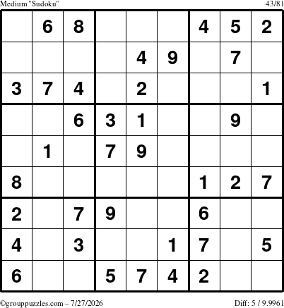The grouppuzzles.com Medium Sudoku puzzle for Monday July 27, 2026