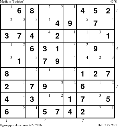 The grouppuzzles.com Medium Sudoku puzzle for Monday July 27, 2026 with all 5 steps marked