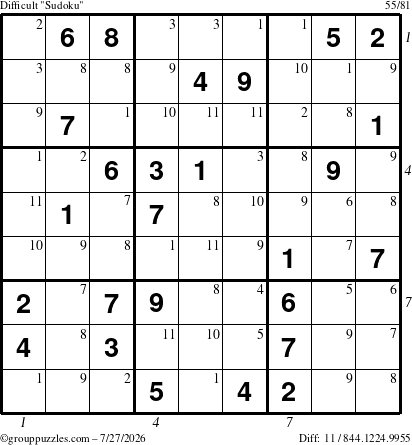 The grouppuzzles.com Difficult Sudoku puzzle for Monday July 27, 2026, suitable for printing, with all 11 steps marked