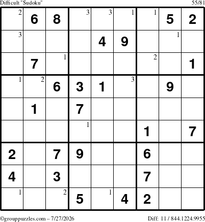 The grouppuzzles.com Difficult Sudoku puzzle for Monday July 27, 2026 with the first 3 steps marked
