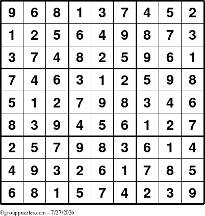 The grouppuzzles.com Answer grid for the Sudoku puzzle for Monday July 27, 2026