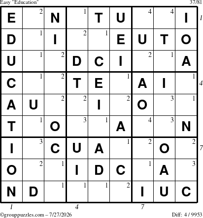 The grouppuzzles.com Easy Education-c1 puzzle for Monday July 27, 2026 with all 4 steps marked